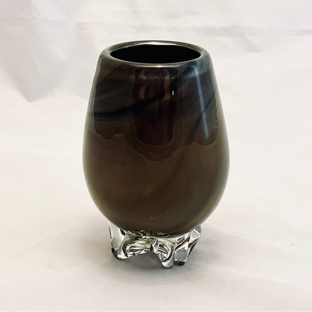 Art Glass Footed Vase, Hand Blown, 5" Gray Green, Vintage EUC